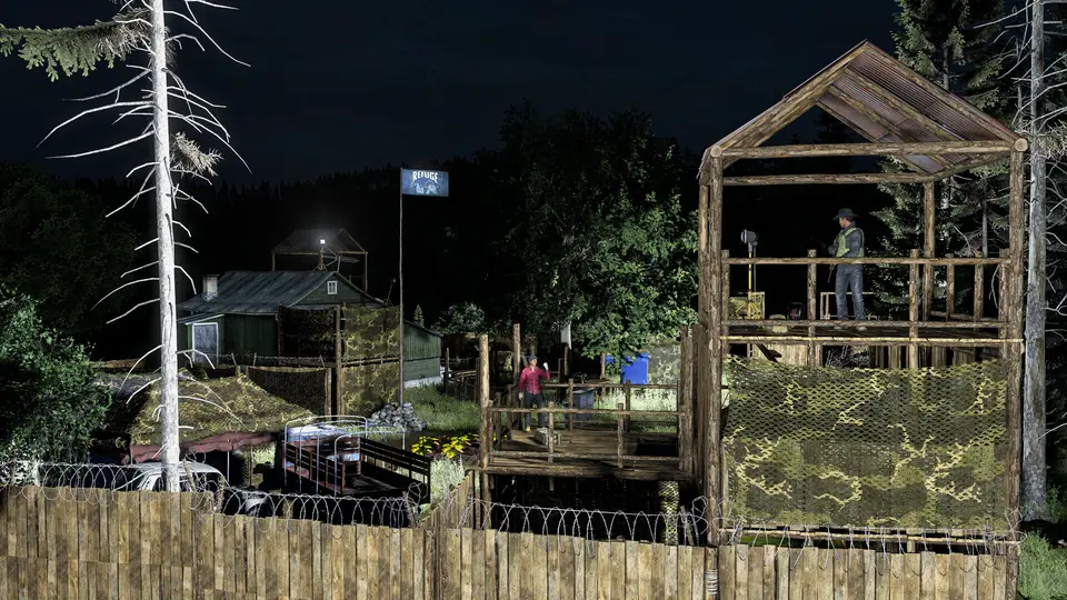 Официальный скриншот DayZ: база с забором, вышкой, колючей проволокой и флагом
