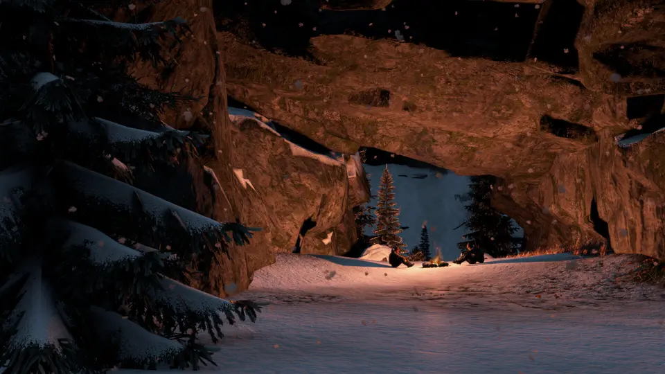 Официальный скриншот DayZ Frostline: костёр под скальной аркой в снегу