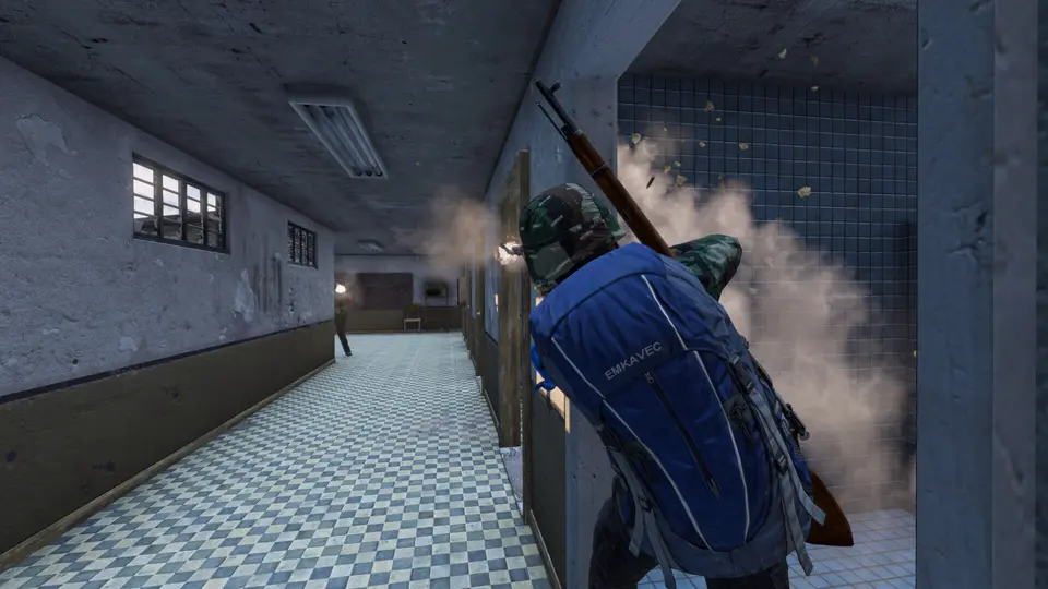 Официальный скриншот DayZ: бой в коридоре с болтовой винтовкой