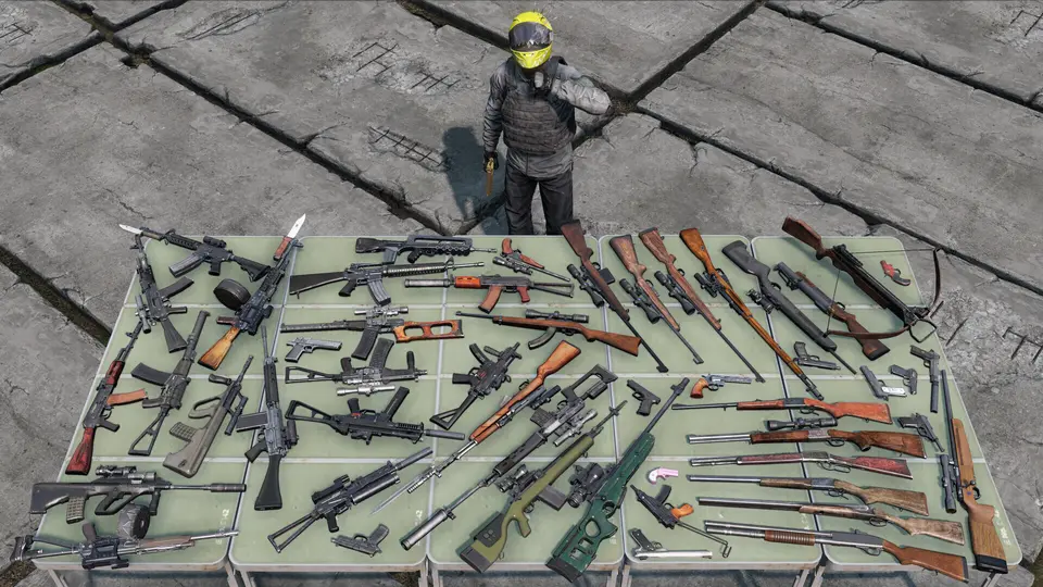 Официальный скриншот DayZ: стол с винтовками, дробовиками и пистолетами