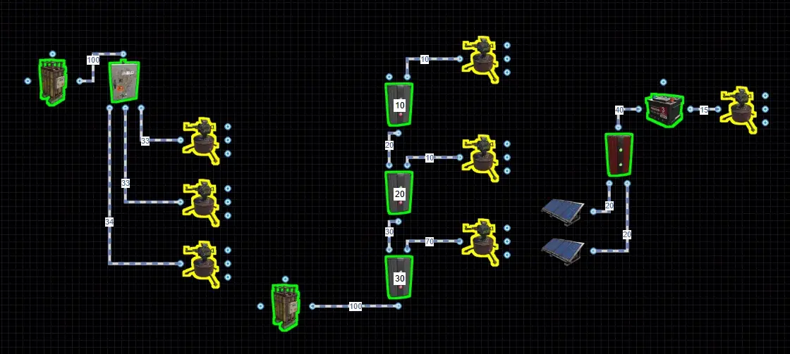 Варианты подключения турелей: Splitter, цепочка Branch и солнечные панели